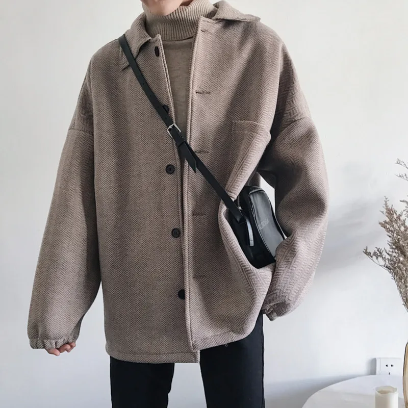 

Winter New Woolen Coat Men Fashion Retro Casual Striped Long Jacket Man Streetwear Wild Loose Windbreaker Male Clothes M-3XL