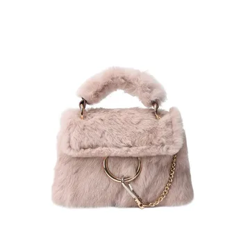 

Women handbag with top handle real rabbit fur crossbody bags for ladies with chain messenger bag female for winter 2019