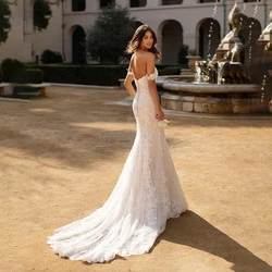 Boho Lace Appliques Mermaid Wedding Dresses Sexy Off Shoulder Backless Sweep Train Bridal Gowns Vestido De Noiva