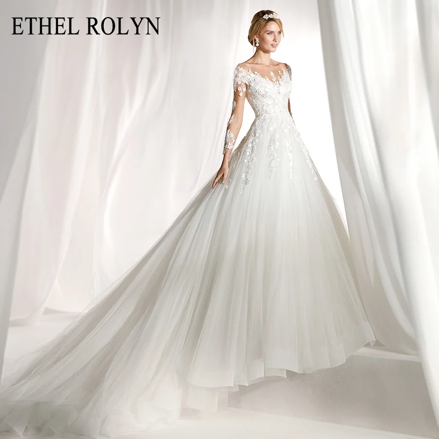 

ETHEL ROLYN Long Sleeve Wedding Dress 2020 Illusion Lace Appliques Button Bride Dress A-Line Wedding Gowns Vestido De Novia