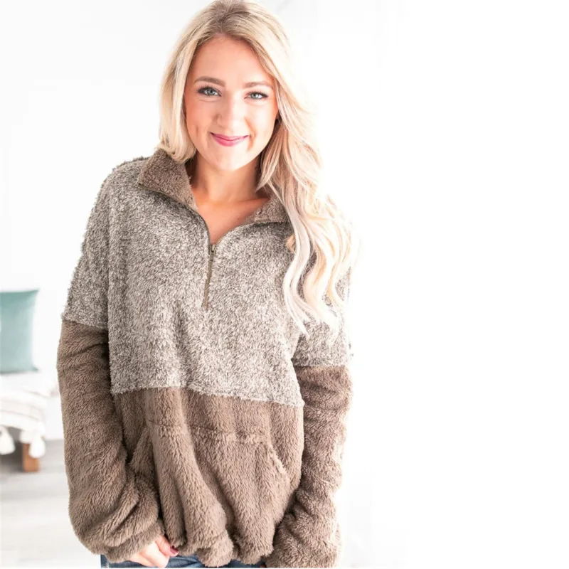 

Fashion Turndown Collar Wool Harajuku Sweatshirt Women Pocket Zipper Baby Down Loose Coat Korean Style Moletom Feminino Ey*