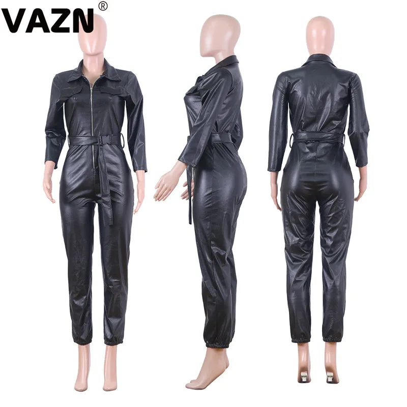 VAZN, Топ Дизайн, осень, сексуальный женский комбинезон, 3 цвета, кожаный комбинезон с длинным рукавом, на молнии, Одноцветный комбинезон для молодых девушек, крутые комбинезоны