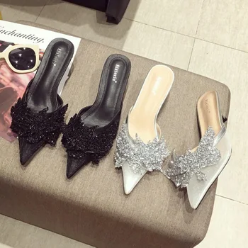 

Women High Heel rhinestone Mules Slipper Fashion Bling Mesh Sandal Ladies Elegant Slip-On Summer Mules Slides Designer Shoe