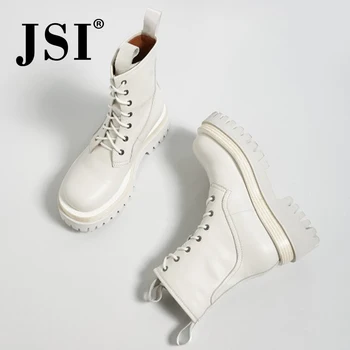 

JSI Mid-calf Boots Woman High Quality Winter White Real Leather Groove Boots Ladies Cross-tied Round Toe Casual Boots JO588