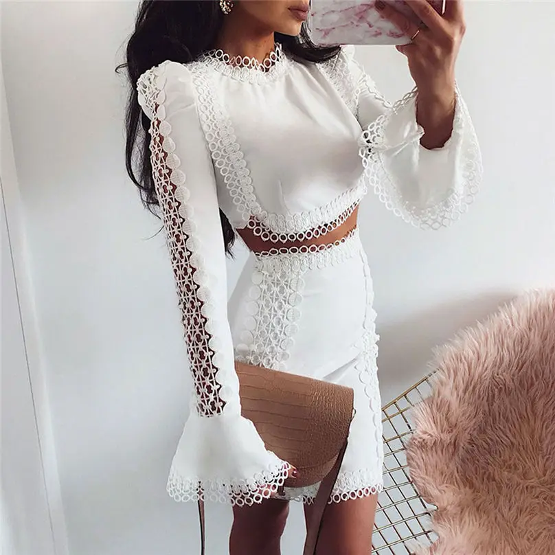 2 Piece Set Women Fashion Sexy Suits Lace Flare Sleeve Long Sleeve Casual Party Tops + Mini Skirt Set 3D17 (5)