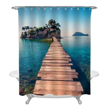 

Bright Spring View of Cameo Island Old Wooden Pier Shower Curtain Set with Rings, Morning Ocean Scene on Port Sostis Zakinthos