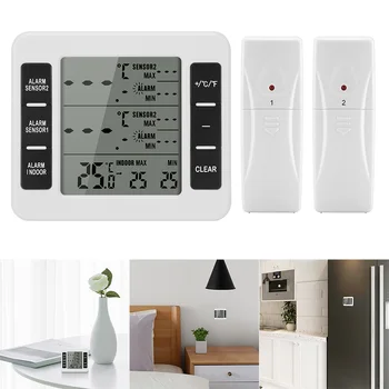 

Wireless Digital Audible Alarm Refrigerator Thermometer With 2PCS Sensor Min/Max Display Indoor Outdoor Thermometer 24H Record