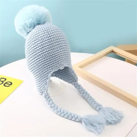 BLUE Детская шапка, мягкий мех ручной работы, детский чепчик, детская шапка для мальчиков и девочек, шапка с помпоном, вязаные шапки и повязки на уши, детская шапка - Цвет: BLUE