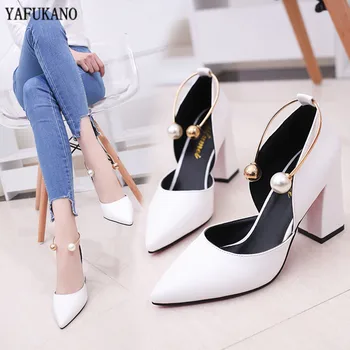 

Women Pumps Elegant Pearl High Heels 2020 New White Thick With Single Shoes Middle Hollow Fashion Simple Woman Work Shoes