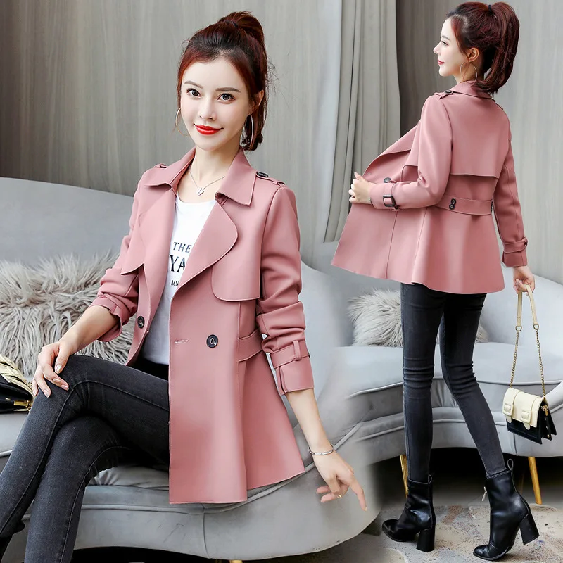 Trench Coat Women Mid-Length Coats girl Autumn 2024 New All-Match Double Breasted Pink tops Femme Jacket With Lining Spring