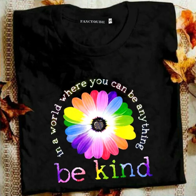 BE KIND футболки с радужным цветком Женские повседневные топы с коротким рукавом и круглым вырезом черные футболки для девочек