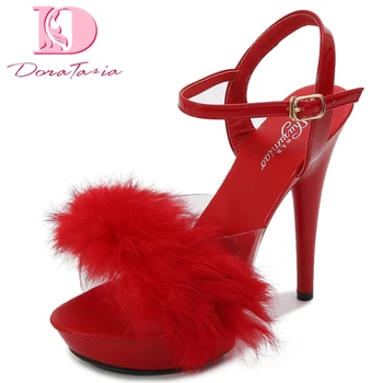 

Doratasia Brand New Sexy Thin Fetish High Heels Platform Add Fur Big Size 43 Party Prom Summer Sandals Women Shoes Woman