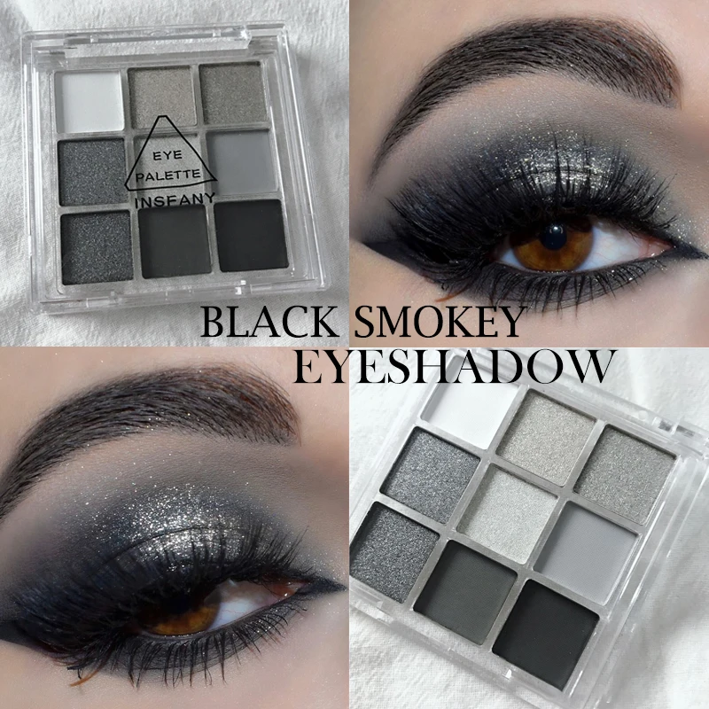 9 Colors Cool Toned Eyeshadow Palette Black Smokey Palette Matte Glitter Eyeshadow Smoky Eye Shadow Eye Pigments Palett