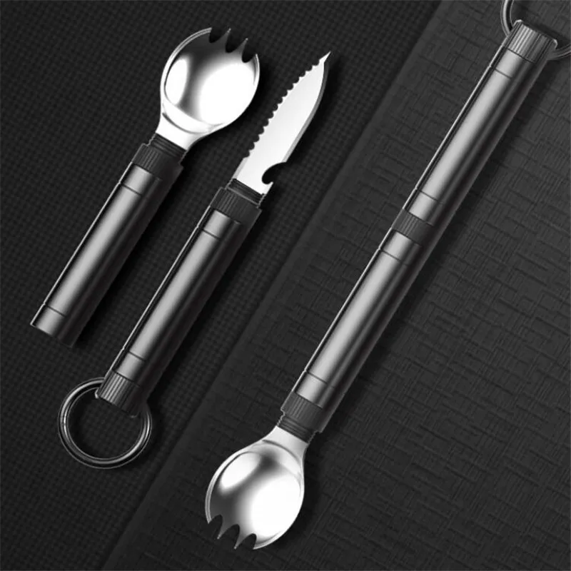 

Outdoor multifunctional EDC tactical tool.Stainless steel fork,knife,spoon,cutlery set, portable folding keychain bottle opener