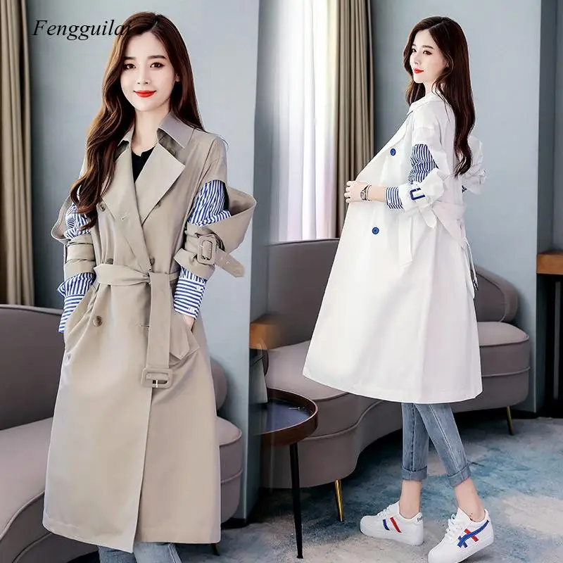 2021 New Fashion Womne Clothes Korean Girl's Windbreaker Korean Two Paper Sleeve Joint Stripe Chic Loose Coat
