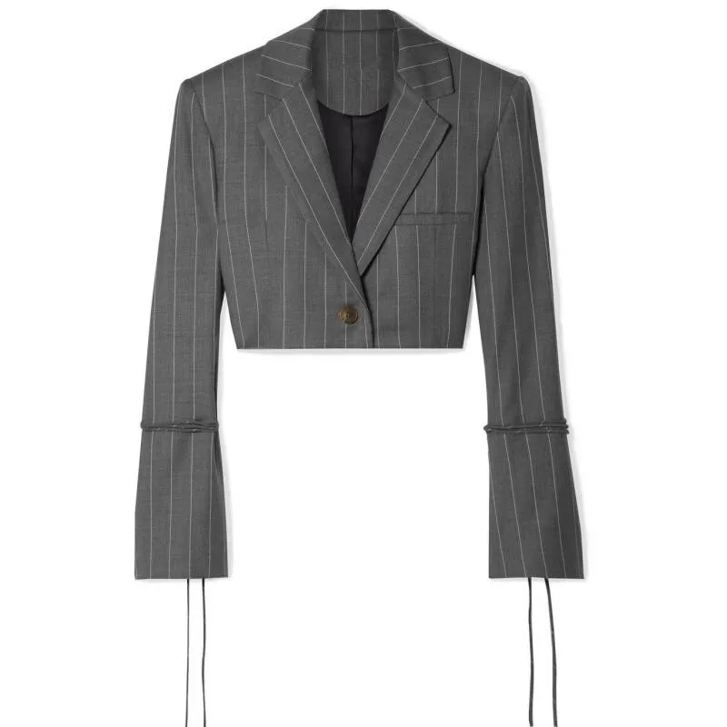 European and American fashion handsome short small suit+ high waist with belt striped nine pants Sets