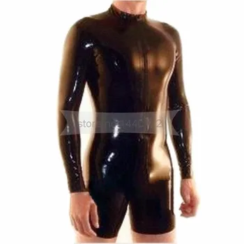 

Front Zip Male Rubber Latex Catsuit Black Men Fetish Tights Long Sleeves but Short Legs Body Suits BNLCM102