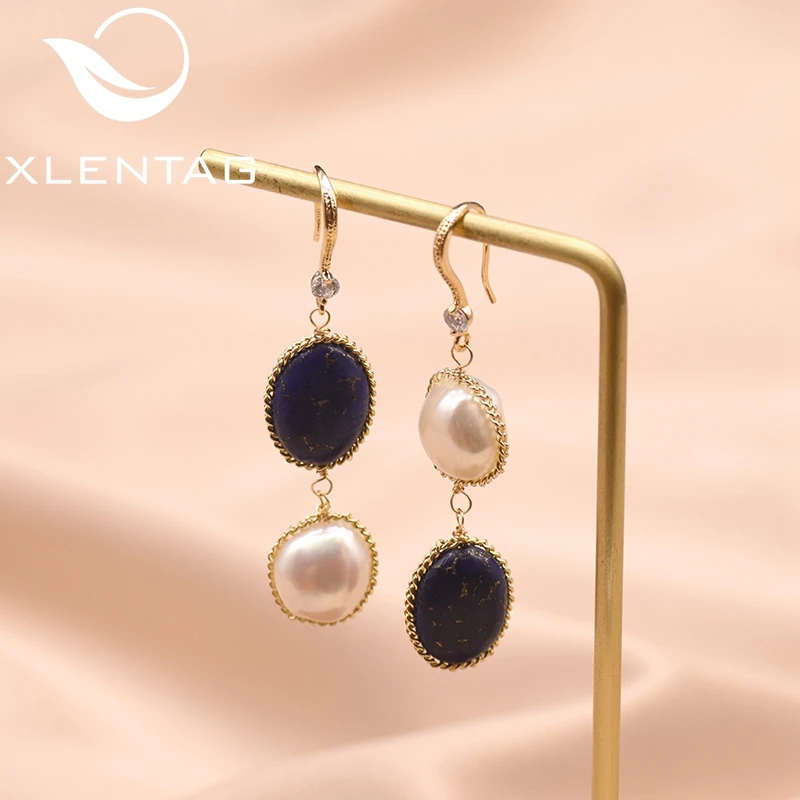 

XlentAg Real Natural Baroque Pearls Lapis Lazuli Hook Dangle Enthic Earrings For Wife Gifts Women Party Asymmetry Jewelry GE0406