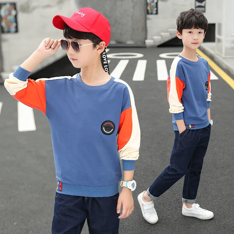Najtaniej Jesień chłopcy bluzy dla dzieci na co dzień z długim rękawem koszulki z okrągłym dekoltem dzieci bawełniane topy bluzy z kapturem dla chłopców ubrania 4 16Y nastoletnich koszulki