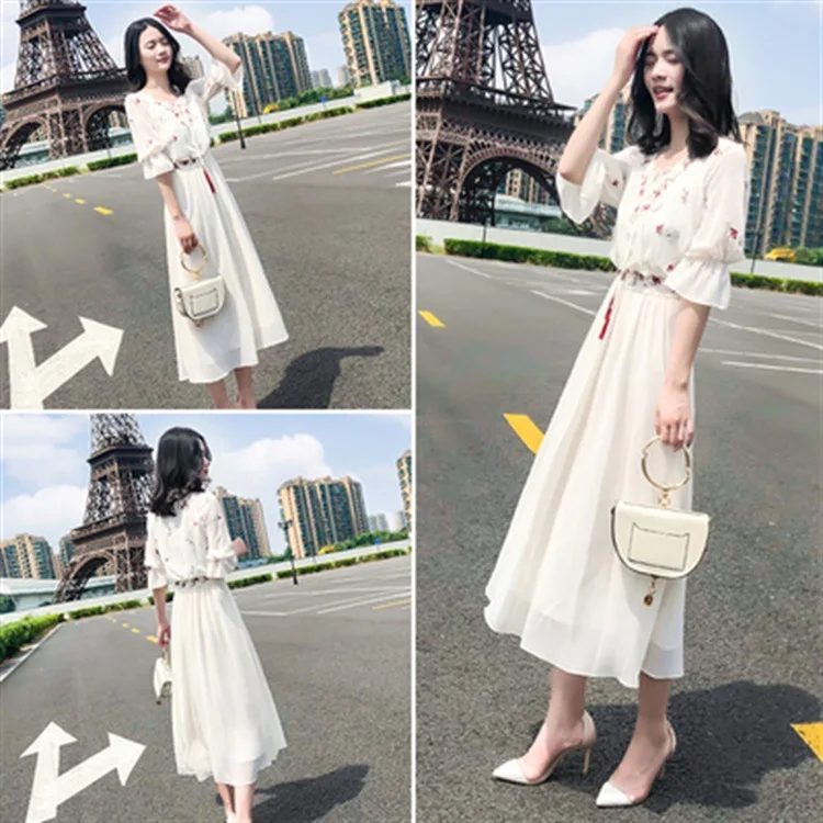 

Chiffon Embroidered Dress 2019 Summer New Style Very Fairy Retro V-neck Long Paragraph A Word Skirt Female