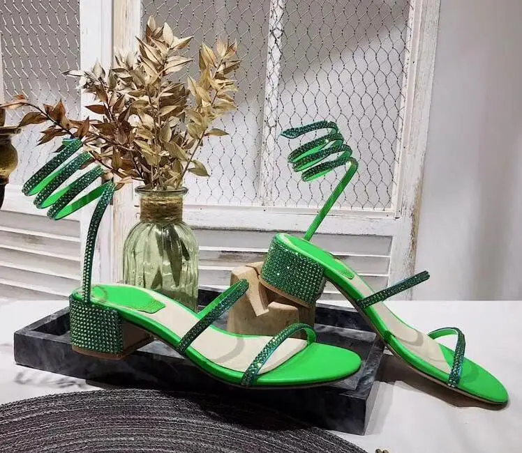 green JAWAKYE/сандалии-гладиаторы с ремешками на лодыжке; женские сандалии со стразами на квадратном каблуке; летние туфли для вечеринок на низком каблуке; Цвет телесный, зеленый - Цвет: green