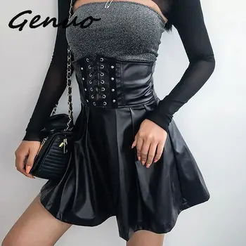 

Genuo Women's Skirts Gothic Harajuku Bandage Faux Leather Korean Fashion Black Mini Pleated Skirts 2019 Summer Party Pu Saias