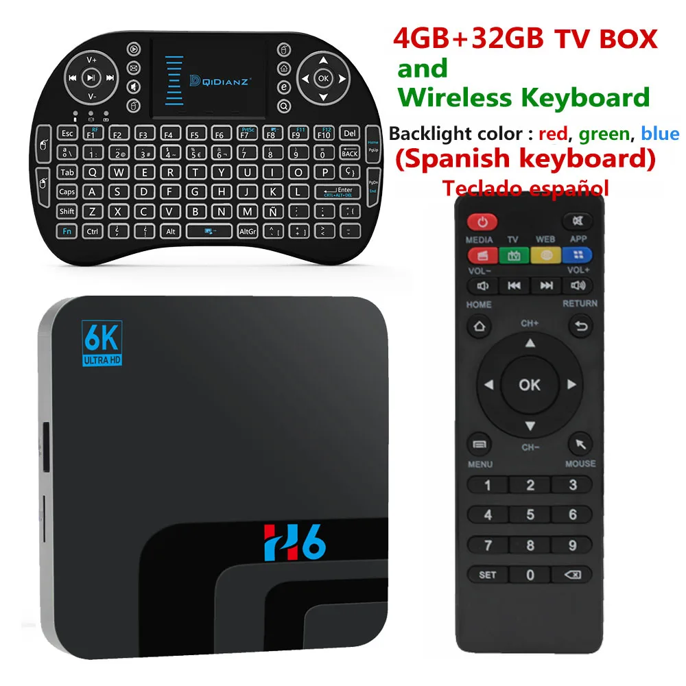 H6 ТВ приставка Smart 6K Ultra HD 4+ 32G Android 9,0 ТВ приёмник для фильмов wifi Google Cast Netflix медиаплеер IP ТВ приставка h6 - Цвет: Spanish keyboard