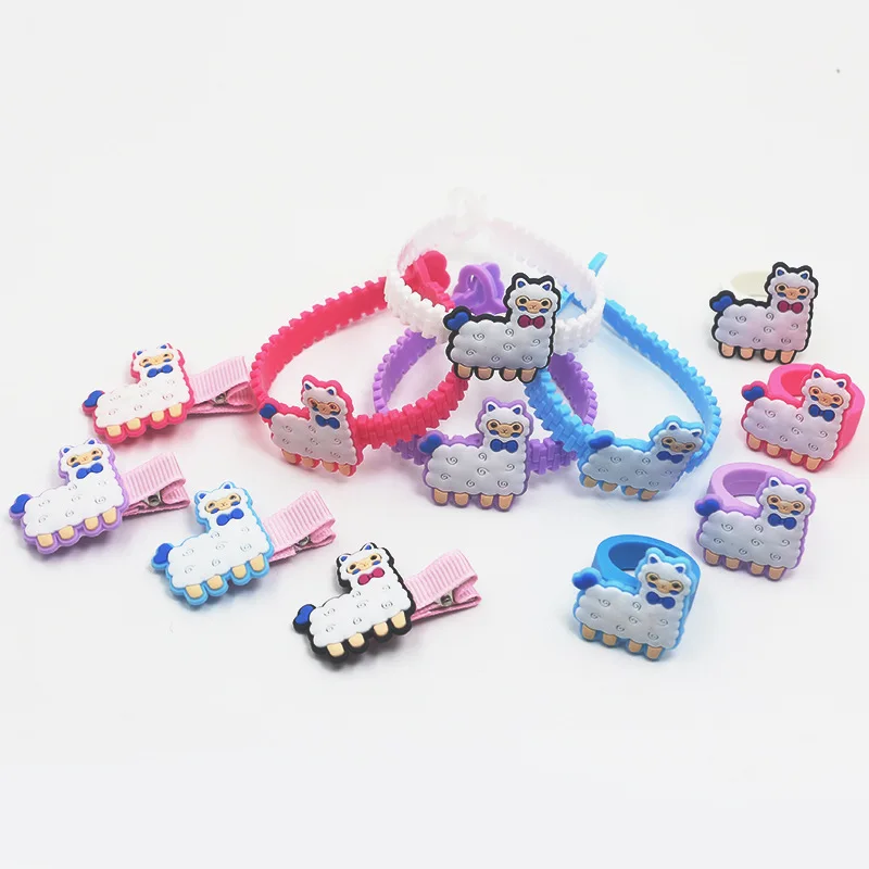 

6sets New arrival fashion jewelry sets alpaca beasts PVC bracelet anime cartoon rings hairpin childrens best gift