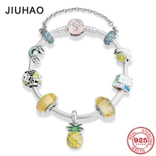 Красочные женские браслеты, ювелирные изделия, 925 пробы, серебряные, желтые, стеклянные бусины, браслет на цепочке для женщин, сделай сам, ювелирные изделия