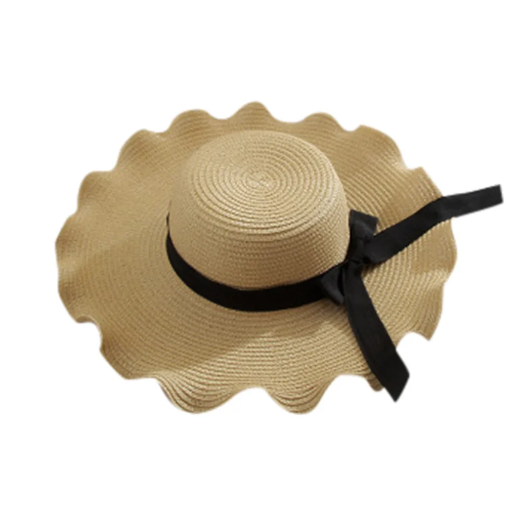 Beige 1x Для женщин соломенная шляпа Bowknot полоса флоппи Складная Roll up пляжный Кепки шляпа от солнца - Цвет: Beige