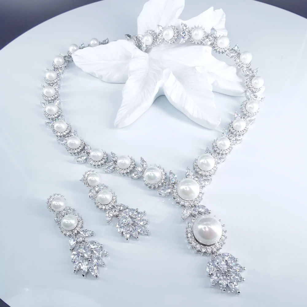 

2020 NEW FASHION shell pearl CZ crystal zircon necklace earring wedding bride banquet dress popular jewelry set free shipping