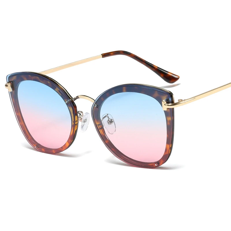 Винтажные женские солнцезащитные очки "кошачий глаз", дизайнерские металлические солнцезащитные очки больших размеров, женские солнцезащитные очки с градиентом, роскошные очки UV400 - Цвет линз: Blue Pink
