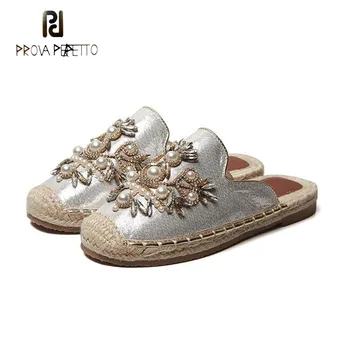

Prova Perfetto Spring Summer Jeweled Casual Flat Slipper Pearl Flower Beach Flip Flop Outdoor Shoe Straw Sole Half Slipper Women