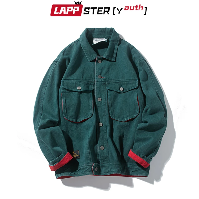 

LAPPSTER Streetwear Solid Jeans Jacket Men Denim Coats 2019 Fall Jeans Jacket Male Vintage Color Block Bomber Jacket Windbreaker