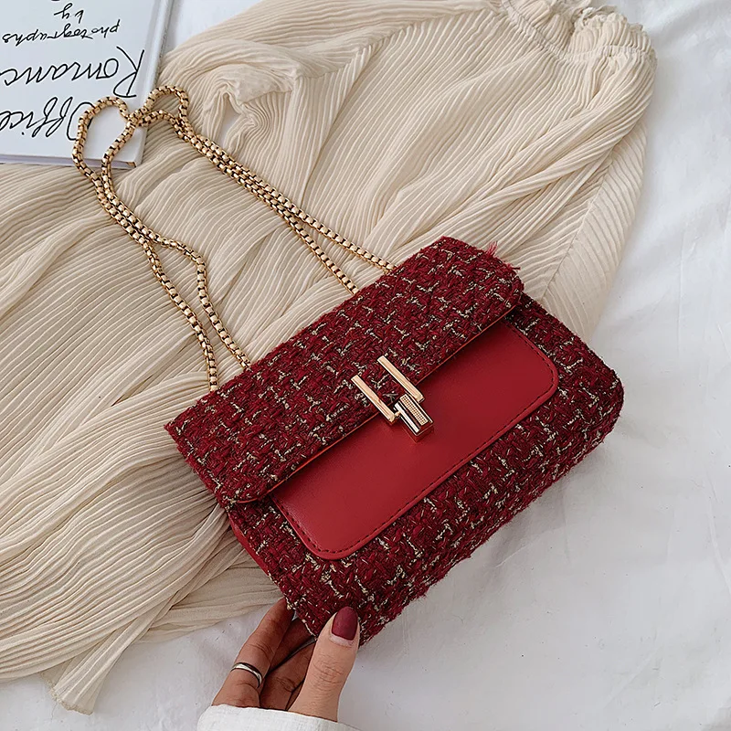 

2019 Autumn New Style WOMEN'S Bag Sweet Ladies' Square Sling Bag Chain Woolen Korean-style Lock Large Small WOMEN'S Bag