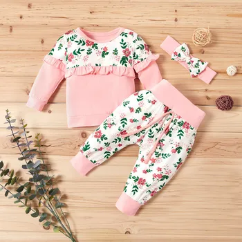 

Long Sleeve Floral Ruffles Sweatshirt Tops Newborn Baby Girl Clothes Winter Cotton Pants Headband Toddler Girls Clothing Sets