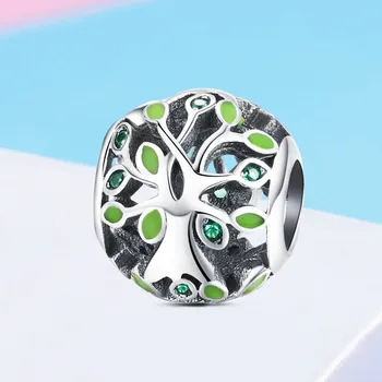 

BISAER Silver Round Beads 925 Sterling Silver Green Tree of Life Crystal Charm for Women Jewelry Making Charms Bracelet GXC994