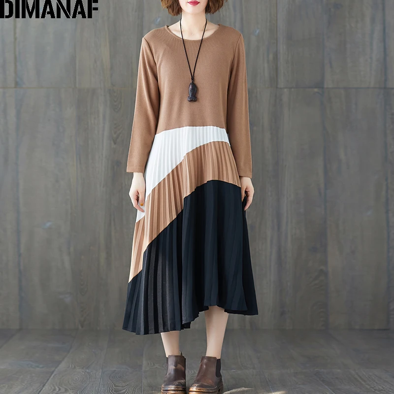 DIMANAF женское платье большого размера, зима-осень, длинный рукав, плиссированное, а-силуэт, женская одежда, Элегантная модная женская одежда, Новинка - Цвет: JJJ9070CN-zong