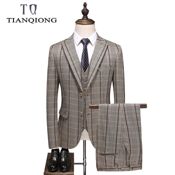 

TIAN QIONG Khaki Wedding Suit Men 2020 Elegant 3 Pieces Wedding Suits for Men Tuxedo Plaid Suits Latest Coat Vest Pant Designs