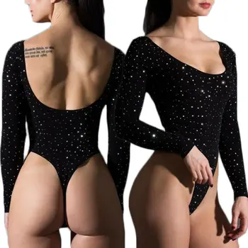 

Women Shinny Crystal Bodysuits Long Sleeve Sexy Bodysuit Solid Color Rompers V Neck Black Tops Fashion High Cut Playsuit New