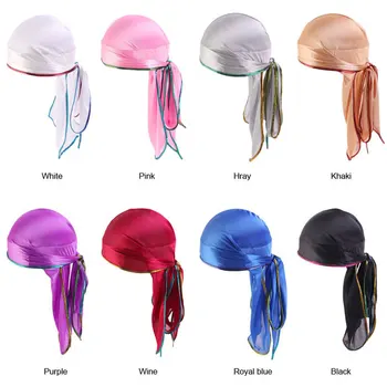 

2020 New Unisex Long Turban Hat Chemo Cap Pirate Hat Women Silk Satin Hajib Headscarf Wigs Biker Headwrap Men Hair Accessories