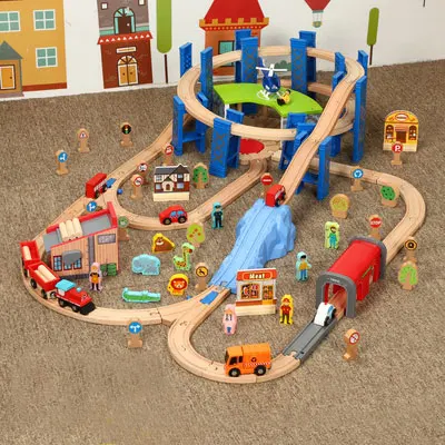Деревянный поезд модель строительные блоки трек набор деревянная железная дорога Электрический радиоуправляемый поезд рельсы деревянный поезд железная дорога набор игрушечные поезда - Цвет: H0008C
