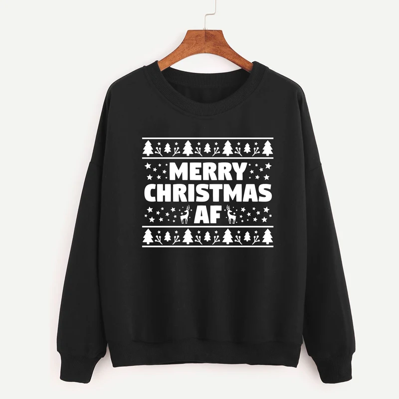 

Топ с длинными рукавами и надписью «Merry Christmas AF», женская одежда, Модный Графический подарок, хлопковый пуловер для девочек, Женская толстовка с круглым вырезом
