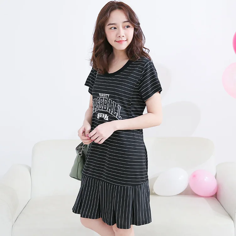 

2019 Summer Wear New Style Pregnant Women Dress Mid-length Wave Hem Nursing Dress Nursing Stripes Maternity Clothes Short Sleeve