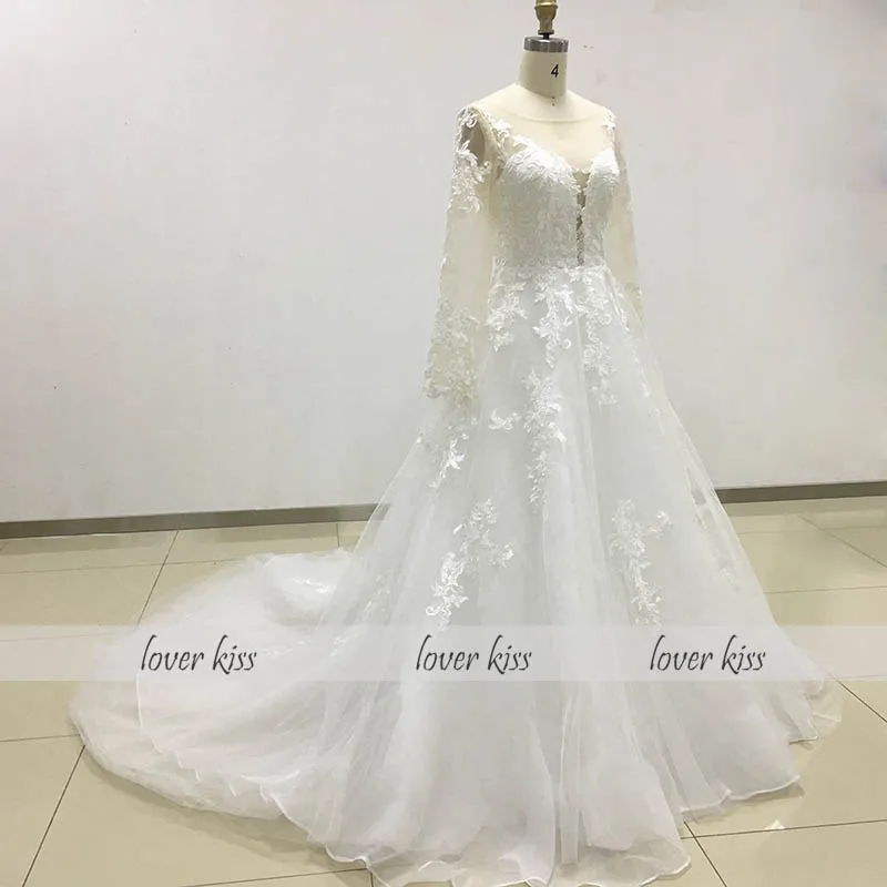 Lover Kiss Vestido De Noiva настоящая фотография прозрачные тюлевые Свадебные платья с длинными рукавами с v-образным вырезом кружево настроить Свадебные платья Hochzeitsklei