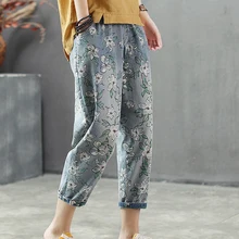 Женские джинсы деним брюки низ цветочный принт Ретро Винтаж Повседневная мода большой свободный для лета весна осень AZ51204118