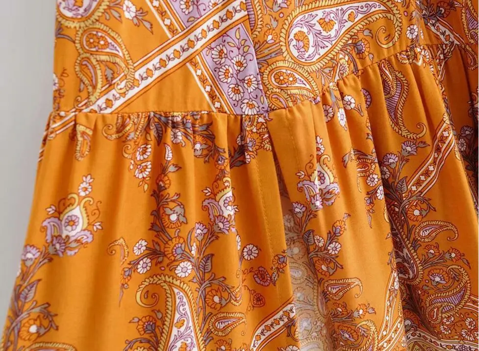BOHO праздничные женские сшитые плиссированные юбки со шнуровкой на талии длиной до пола богемные оранжевые длинные юбки с цветочным принтом