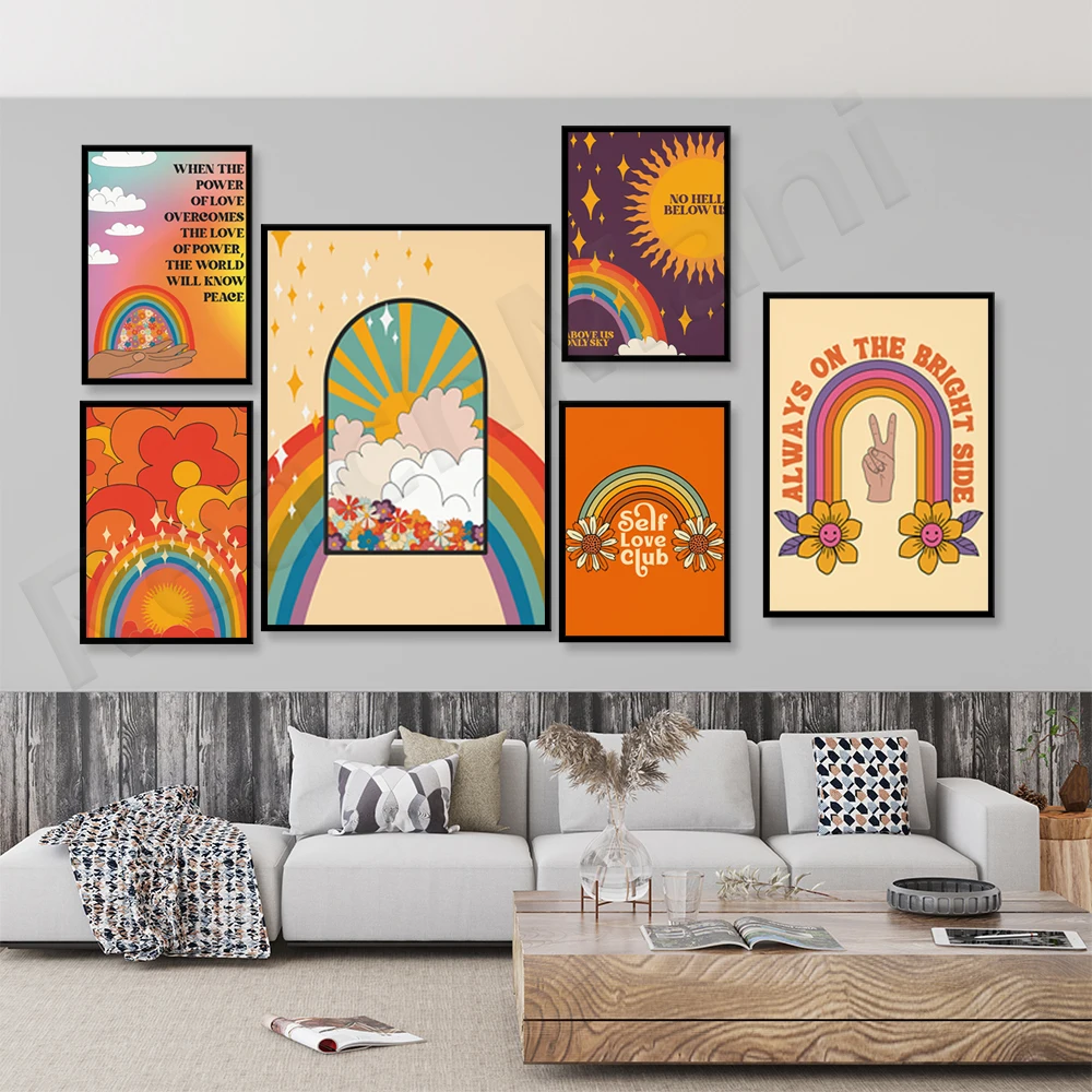 

70s floral prints, retro rainbow prints, aesthetic art hippie prints, 70s wall artist home decoration posters
