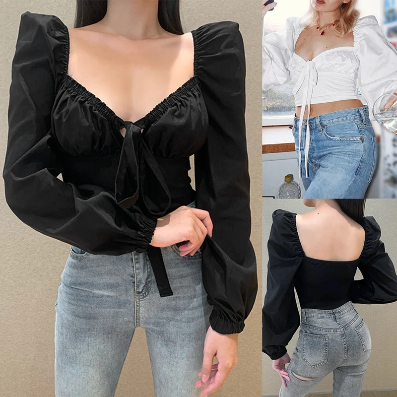 Autumn Vintage Long Sleeve Blouse Women V-Neck Folds Design Big Backless Tight Short Shirt Tops | Женская одежда