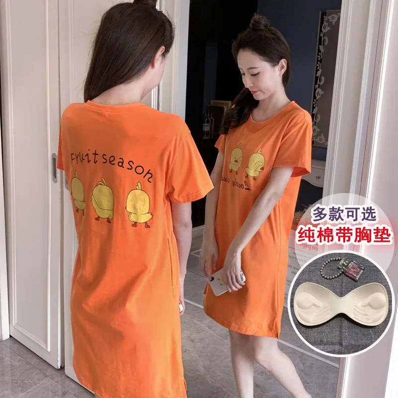 

With Chest Pad Nightgown Women's Summer Cotton Short Sleeve Pajamas Students Cute Cartoon One-piece Wear Free Bra Tracksuit